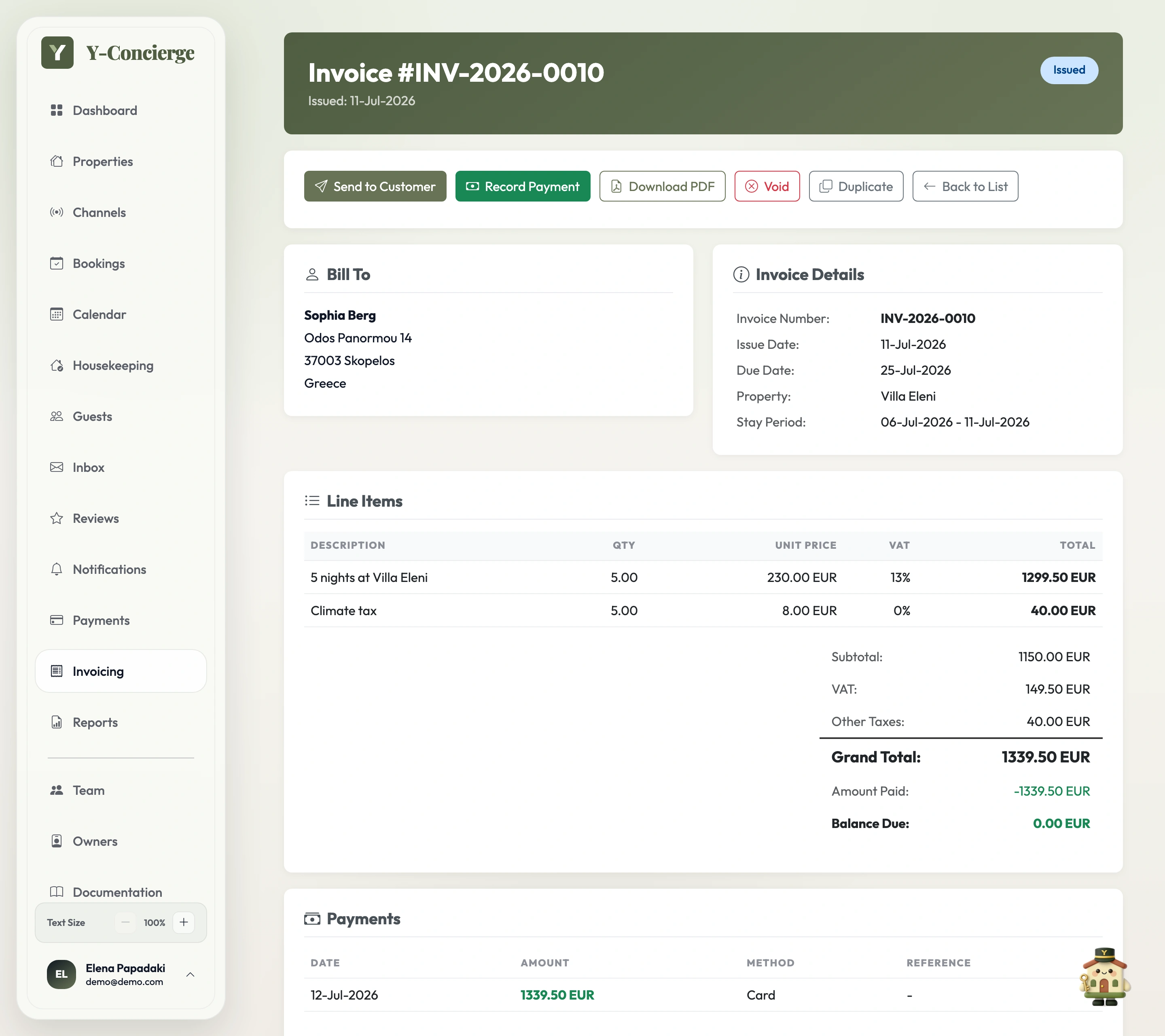 Y-Concierge invoice screen showing an issued invoice with the correct VAT rate and climate tax lines