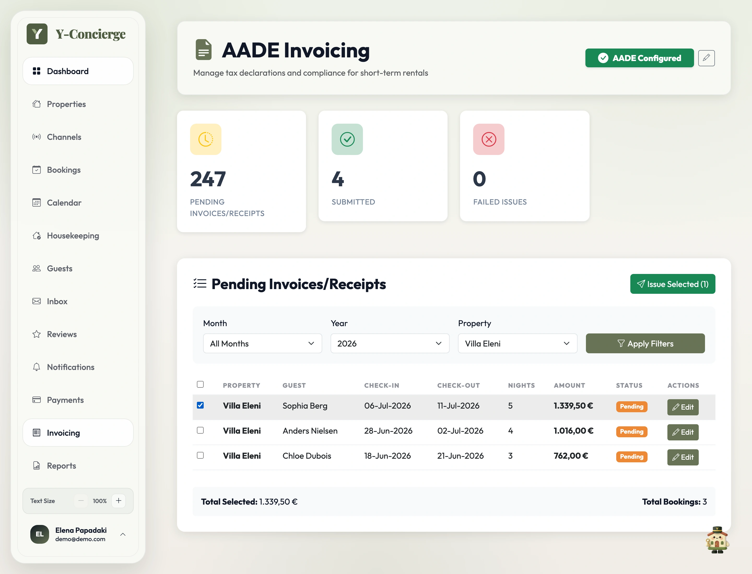 Y-Concierge myDATA screen showing selected invoices ready to submit to AADE