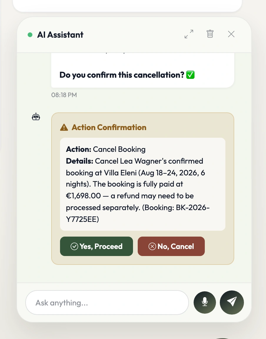 Y-Concierge AI assistant showing suggested next actions drawn from live reservation context
