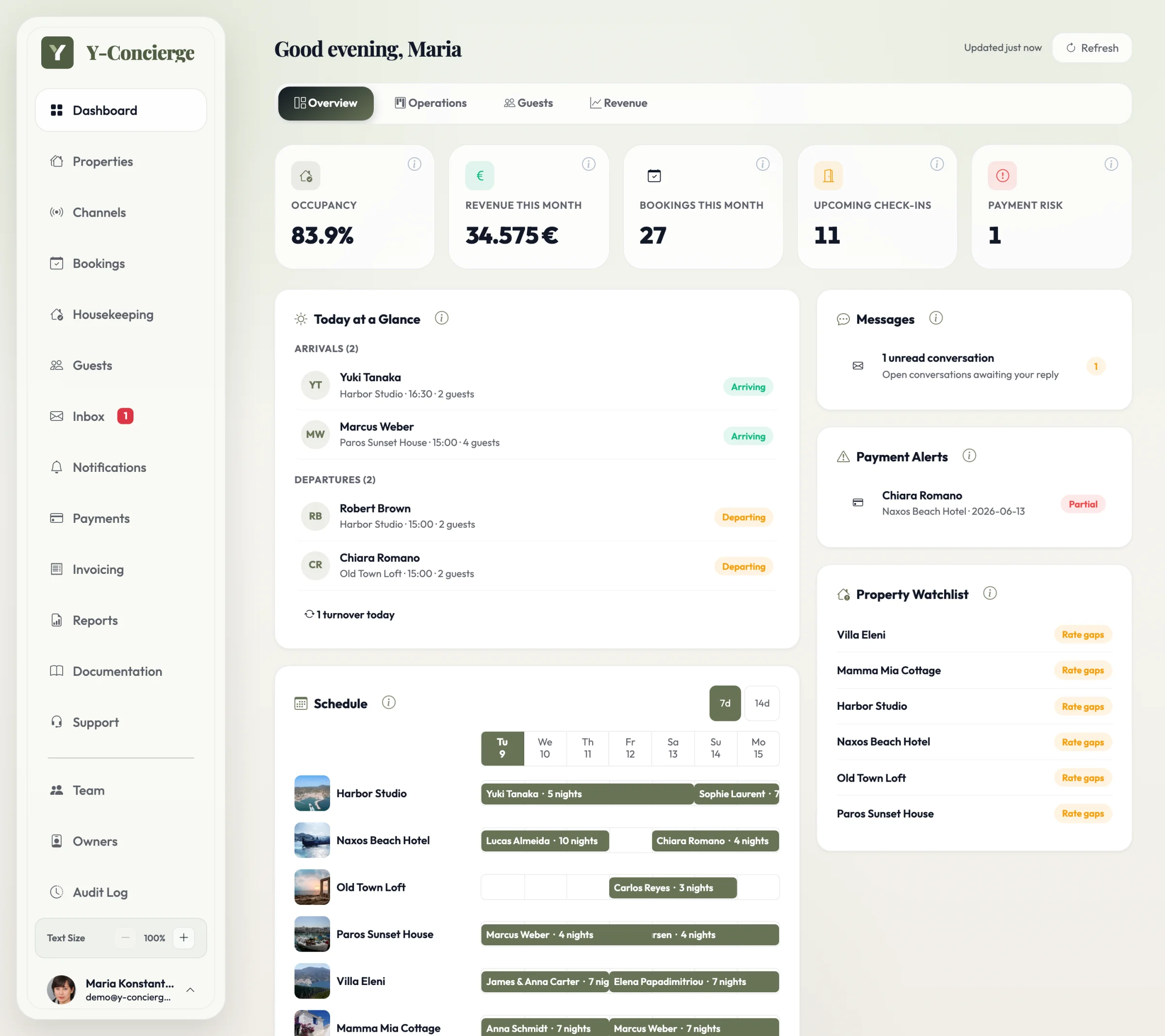 Y-Concierge dashboard at full size