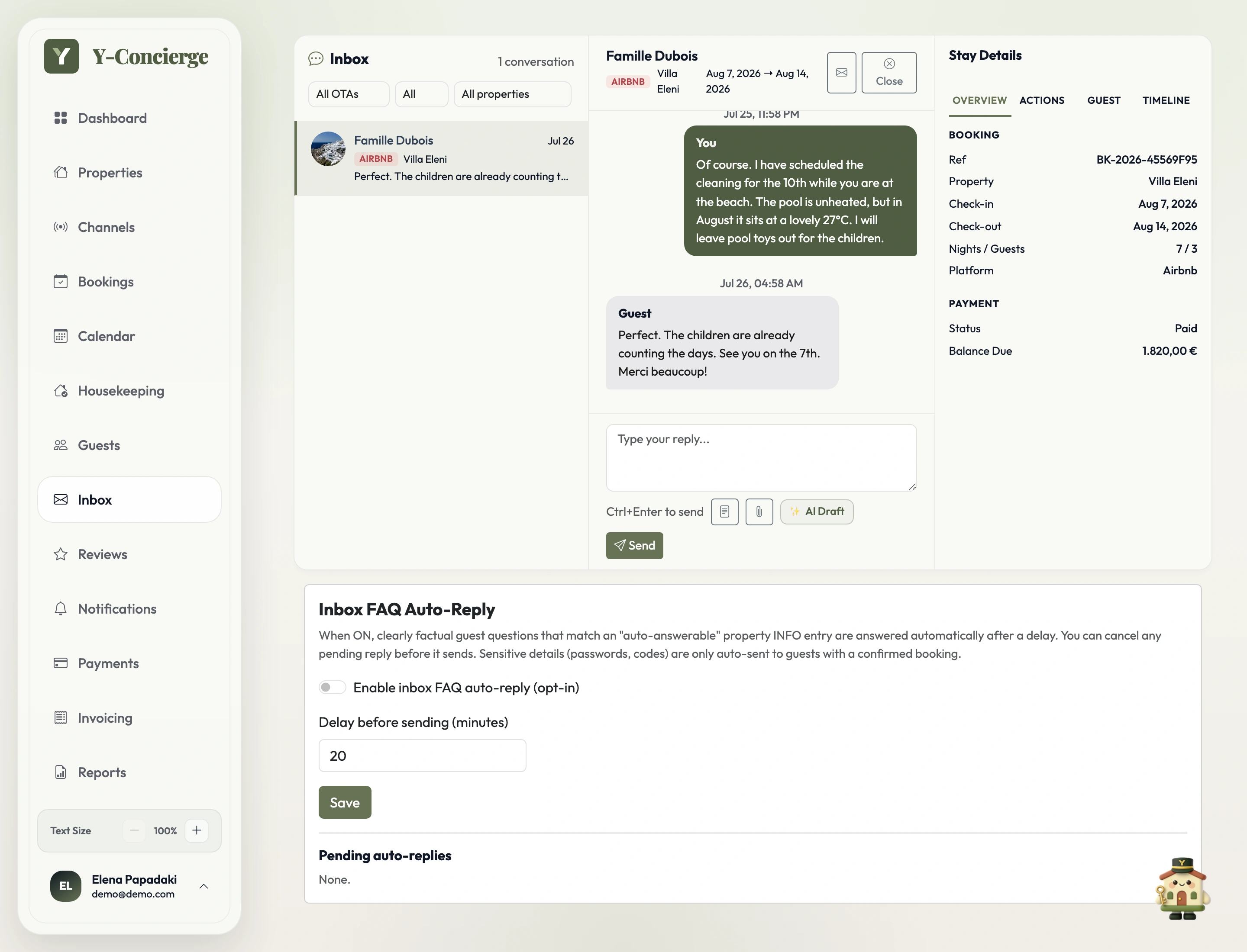 Y-Concierge guest inbox showing a conversation thread beside the linked reservation details (check-in time, deposit status, property)