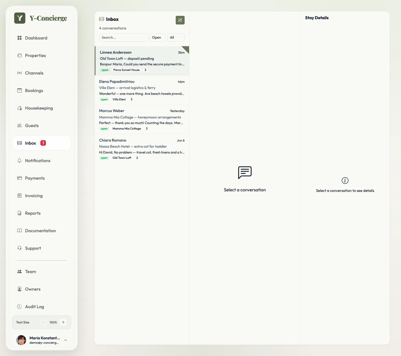Guest inbox showing conversation threads tied to reservations