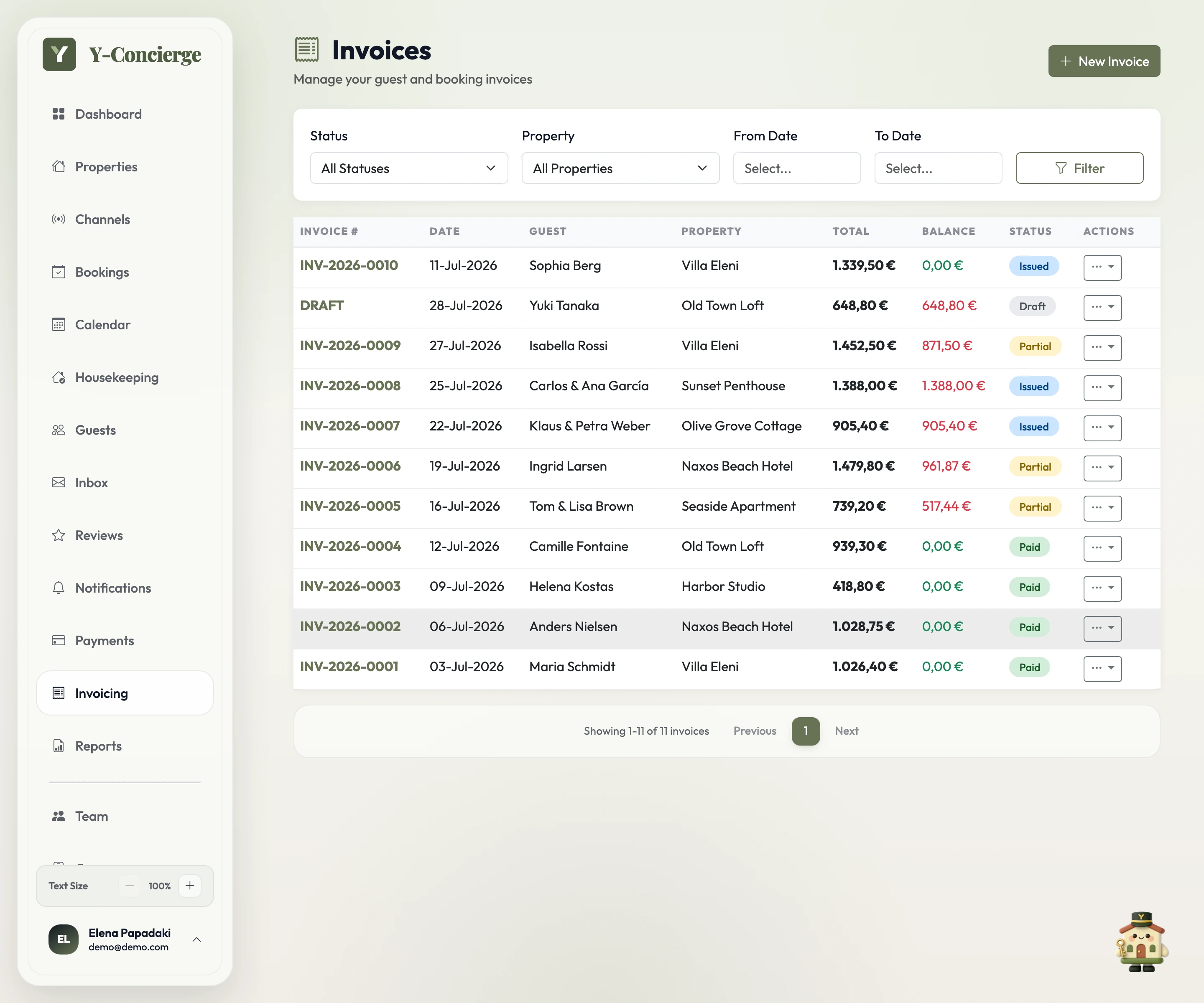 Y-Concierge invoicing screen listing July invoices per property, each built as subtotal plus 13% VAT and climate tax, with paid deposits showing a zero balance in green, open balances in red, and status, property, and date filters above