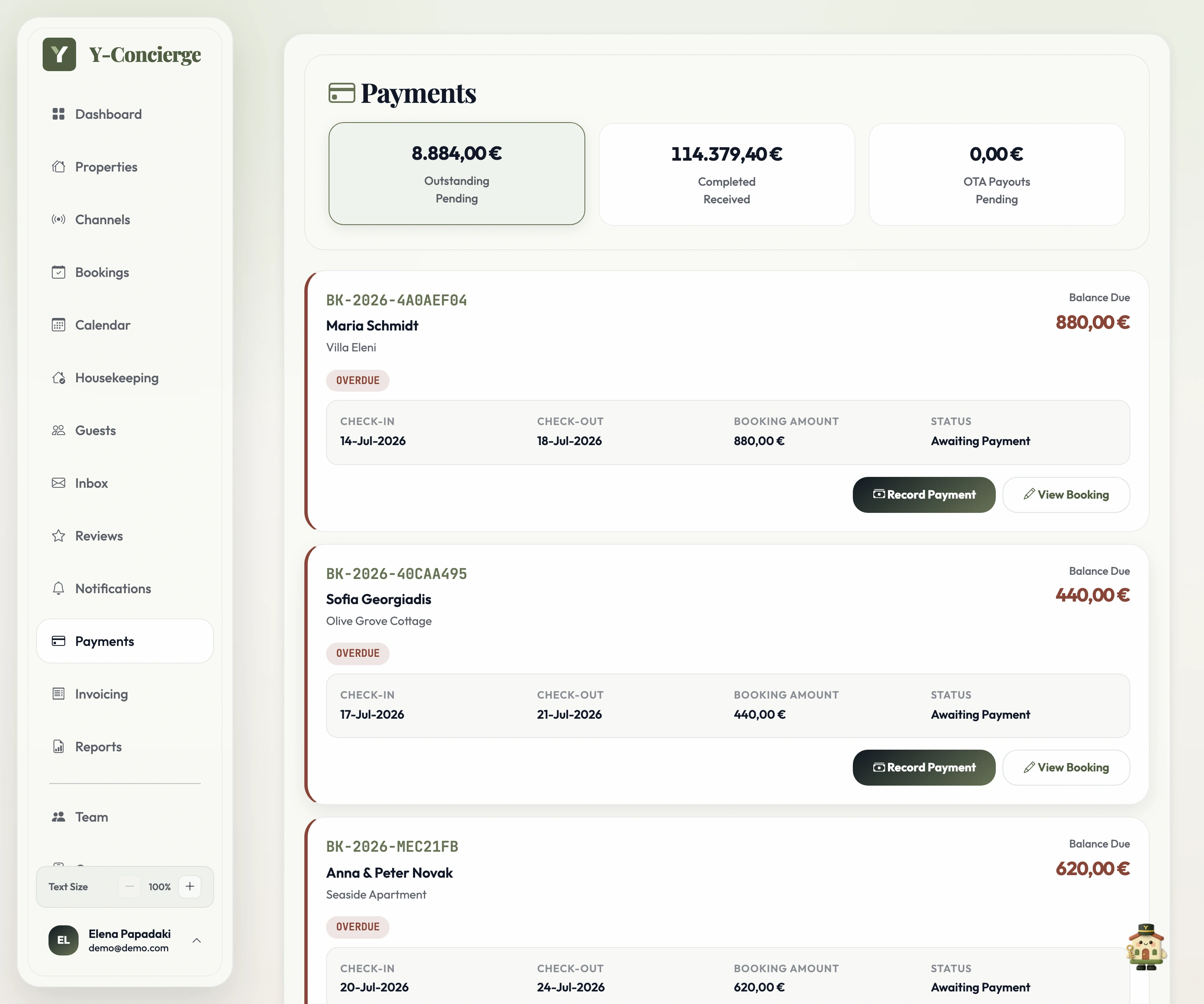 Y-Concierge payments screen: an outstanding-vs-received summary above reservation cards with balance-due amounts, overdue chips, and record-payment actions